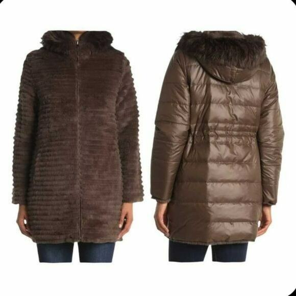 Blue Duck Brown Reversible Winter Puffer Coat Rabbit Fur Fox Trim Medium - Picture 2 of 15